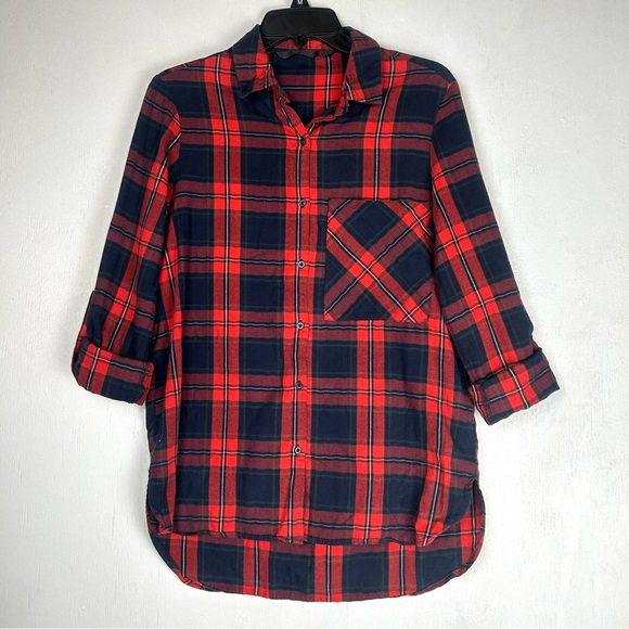 Zara | Trafaluc roll tab long sleeve button up plaid red multicolor shirt top - Picture 9 of 16
